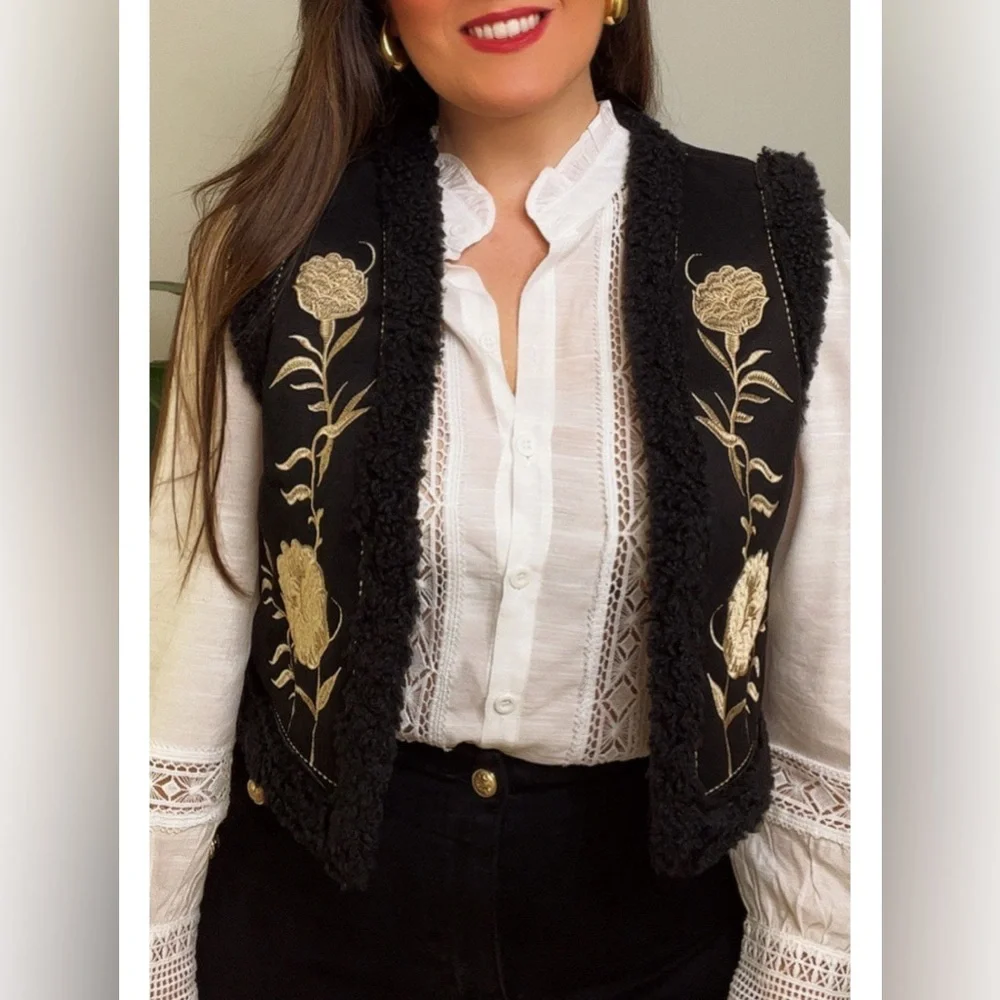 Zara Black Sherpa Suede Vest Embroidered floral boho Shearling - Picture 7 of 10